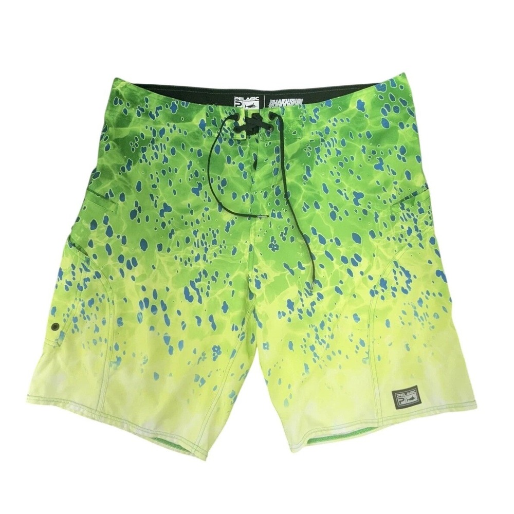 PELAGIC Sharkskin Board Shorts Men 38 Green Blue Mahi Dorado Boardshorts